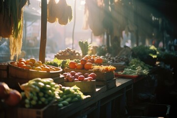 A fruit and vegetable stand at early morning, AI