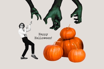 Poster - Collage 3d image of pinup pop retro sketch of walk mexican mariachi hands zombie pumpkin witch costume happy halloween magazine surrealism