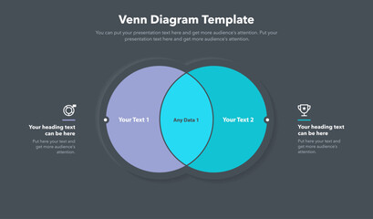 Aufkleber - Venn diagram template with two ways and place for your content - dark version. Slide for business presentation.