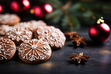 Decorated Christmas cookies on kitchen countertop background with empty space for text 