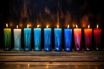 Wall Mural - a row of different colored candles, blue one unlit