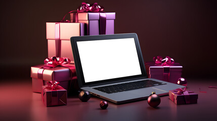 Wall Mural - online shopping mockup laptop with festive gifts and presents