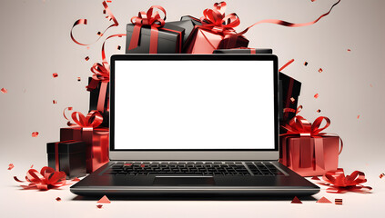 Wall Mural - online shopping mockup laptop with festive gifts and presents