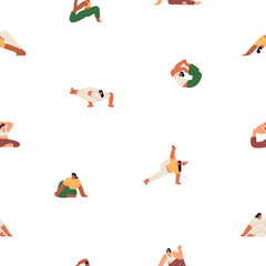 Fototapete - Yoga asanas, seamless pattern design. Woman in different stretching poses, positions, repeating print. Endless sport background with people exercising. Flat vector illustration for fabric, textile