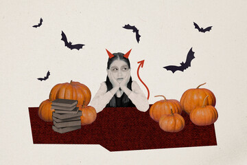 Poster - Composite collage picture image of funny schoolgirl devil demon horns tail hell books witch costume happy halloween magazine surrealism