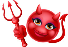 A Red Devil Or Satan Emoji Emoticon Female Woman Face Holding A Trident, Pitchfork Or Pitch Fork Cartoon Icon Mascot.