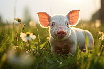 Healthy and happy baby pigs in the green field. Ai generative