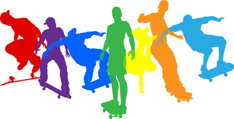 Poster - Skateboarders skateboarding on skate boards silhouette people set. Active sports people healthy players fitness silhouettes concept.