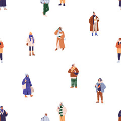 Fototapete - People in winter clothes, warm outfits, seamless pattern. Happy characters in cold weather, endless background. Men, women in coats, jackets, scarf, repeating print. Flat graphic vector illustration