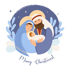 Wall Mural - Holy Family. Merry Christmas card. Virgin Mary, saint Joseph and baby Jesus Christ. Birth of Savior. Holy Night. Vector illustration in cartoon flat style for Xmas holiday design, decor, postcards.
