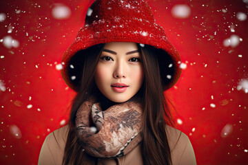 Wall Mural - Asian woman in coat and red hat on falling snowflakes background. Free space for product placement or advertising text.