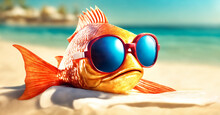 Cute Funny Fish Wear Sunglass Taking Sunbathing In Beach, Summer Concept, With Copy Space For Text