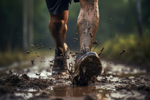 Close Up Athlete Feet Trail Running With Raining Day. Sport And Healthy Concept. Generative AI