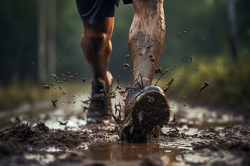 Close up athlete feet trail running with raining day. Sport and Healthy concept. Generative AI