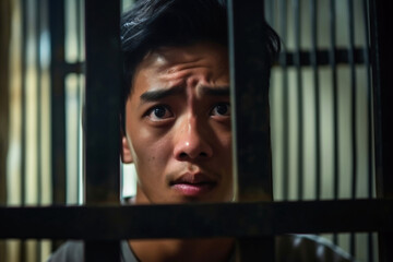 Wall Mural - Photo of a man holding a bar in a jail cell