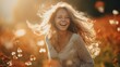 Eine junge Frau läuft durch eine herbstliche Blumenwiese - pure Freude und ökologische Naturschönheit erleben - AI-generiert
