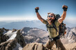 Ein Mann, überglücklich nach dem Besteigen eines Berges - Ausdruck von Lebensfreude, Durchhaltewillen und Erfolg im Bergsteigen - AI-generiert