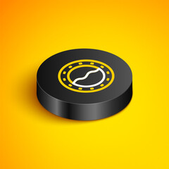 Sticker - Isometric line Ship porthole with rivets and seascape outside icon isolated on yellow background. Black circle button. Vector