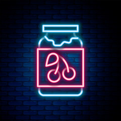 Wall Mural - Glowing neon line Jam jar icon isolated on brick wall background. Colorful outline concept. Vector