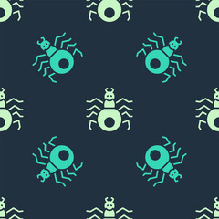 Sticker - Green and beige Spider icon isolated seamless pattern on blue background. Happy Halloween party. Vector