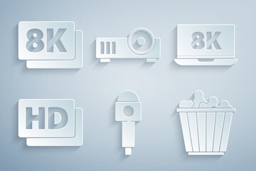 Sticker - Set Microphone, Laptop with 8k, Hd movie, tape, frame, Popcorn in box, Media projector and Ultra HD icon. Vector