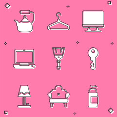 Sticker - Set Kettle with handle, Hanger wardrobe, Smart Tv, Laptop, Paint brush, House key, Table lamp and Sofa icon. Vector