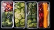Lots of chopped vegetables packed in vinyl bags freezer shelf in refrigerator