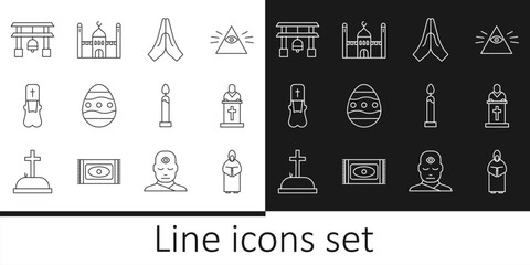 Sticker - Set line Monk, Church pastor preaching, Hands praying position, Easter egg, Priest, Japan Gate, Burning candle and Muslim Mosque icon. Vector