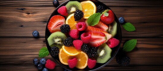 Wall Mural - Vegetarian concept Fruit salad top view in a wooden bowl