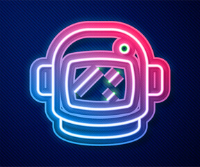 Poster - Glowing neon line Astronaut helmet icon isolated on blue background. Vector