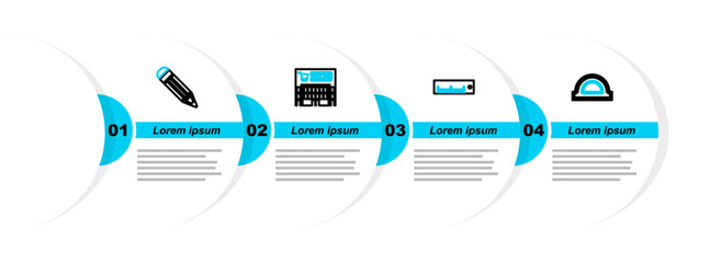 Canvas Print - Set line Protractor grid, Ruler, Supermarket building and Pencil icon. Vector