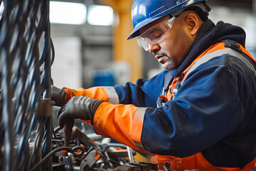 Latino american worker hoisting chains and fixing cables in full safety gear, using a hoist or cable in a fenced industry, repairing a problem