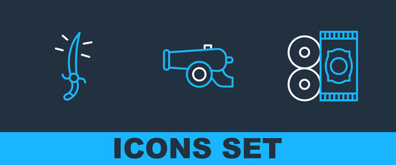 Sticker - Set line Traditional carpet, Arabian saber and Ramadan cannon icon. Vector