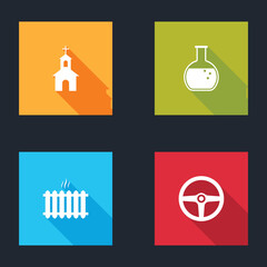 Sticker - Set Church building, Test tube and flask, Heating radiator and Steering wheel icon. Vector