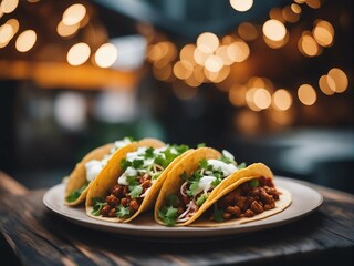 Wall Mural - Delicious Mexican tacos with beef and vegetables at street restaurant