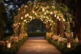 Fototapeta Uliczki - Outdoor Garden Wedding with Cascading Flowers and Softly Lit Pathways