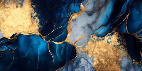 Wall Mural - Gold and blue marble stone textured background. Generative Ai.