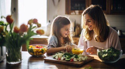 Mother and daughter in aprons are cooking vegetarian food at the kitchen table.