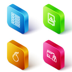 Sticker - Set Isometric line Server, Data, Web Hosting, Tablet with exclamation mark, Bomb ready to explode and Folder and lock icon. Vector