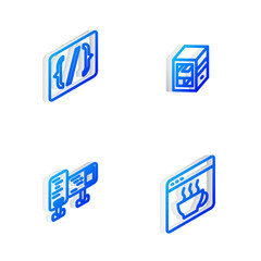 Set Isometric line Computer, Programming language syntax, monitor screen and Software icon. Vector