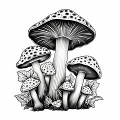 Wall Mural - Hand drawn mushrooms, black and white, AI generated Image