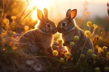 two cute rabbits sniff each other. Sunset light in the grass