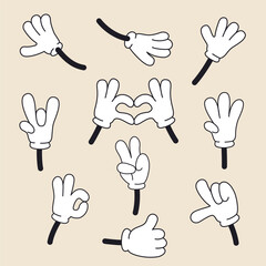 Vector set vintage cartoon hands in gloves. Cute animation character body parts. Comics arm gestures.