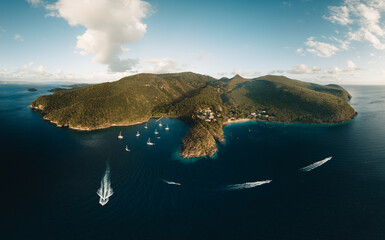 Wall Mural - panoramic aerial drone picture of martinique, caribbean island, with sailboats, turquoise water and 