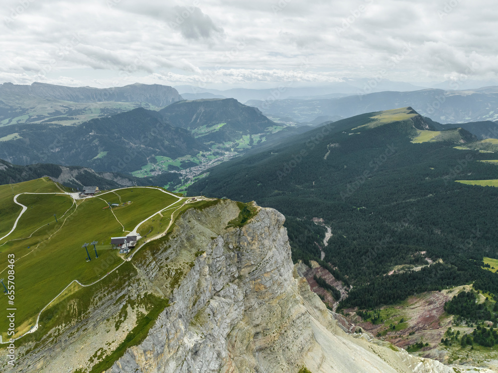 Seceda Ridge Alepe Aerial view of Seceda ridge, a popular mountain peak on the Dolomites ...