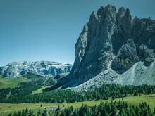 Aerial View Of Sassolungo (Langkofel), A Mountain Peak On The Dolomites Mountain Range In Trentino, South Tyrol In Northern Italy.