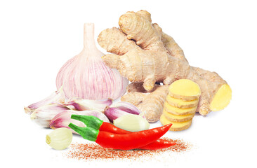 Wall Mural - garlic, ginger and cayenne pepper isolated on white background