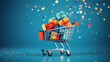 Shopping cart full of colorful gift boxes on the blue background