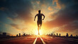 Man is running to success, view from below, evening sunlight