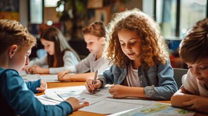 Sitting by the table. School children in 4 grade are studying together indoors